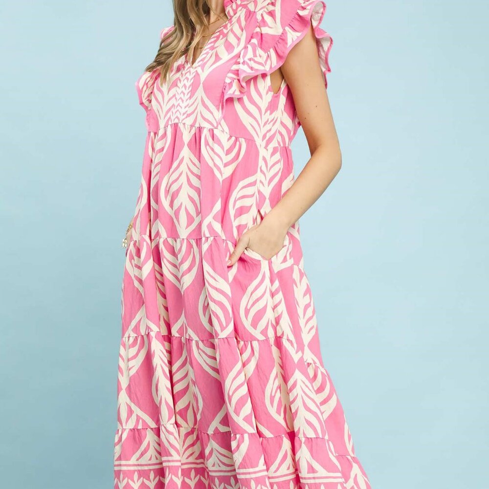 Umgee Leaf Print‎ Tiered Maxi Dress with Pockets - Picture 2 of 5